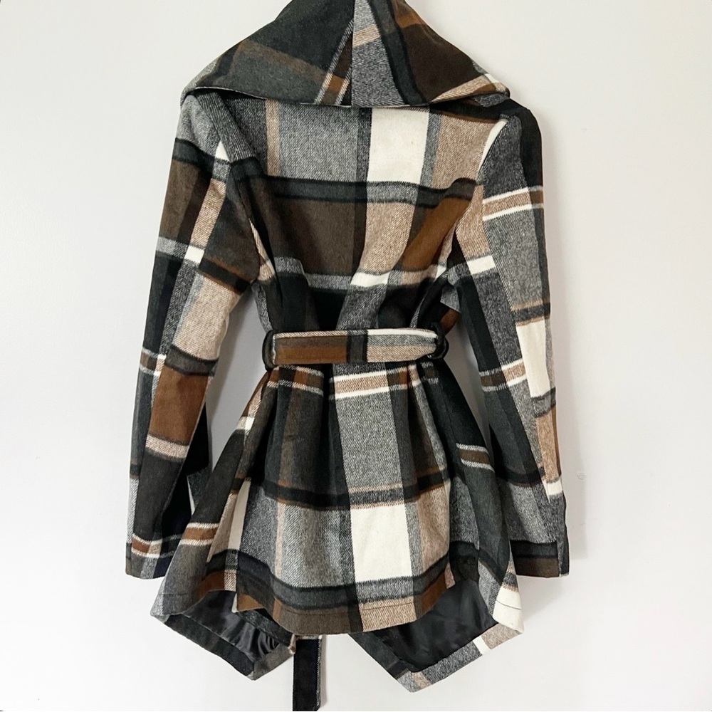 Chicwish Wool Plaid Wrap Coat Pockets Praire Check Rabato Small Chic Academia L - Picture 7 of 10